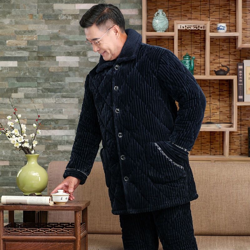 Férfi téli korall plüss pizsama – háromrétegű quiltelt, vastag, galléros, hosszú ujjú