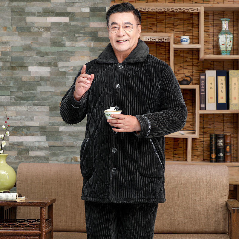 Férfi téli korall plüss pizsama – háromrétegű quiltelt, vastag, galléros, hosszú ujjú