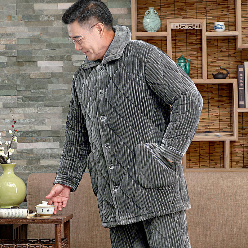 Férfi téli korall plüss pizsama – háromrétegű quiltelt, vastag, galléros, hosszú ujjú