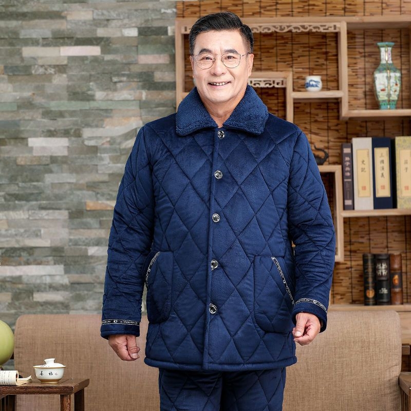 Férfi téli korall plüss pizsama – háromrétegű quiltelt, vastag, galléros, hosszú ujjú