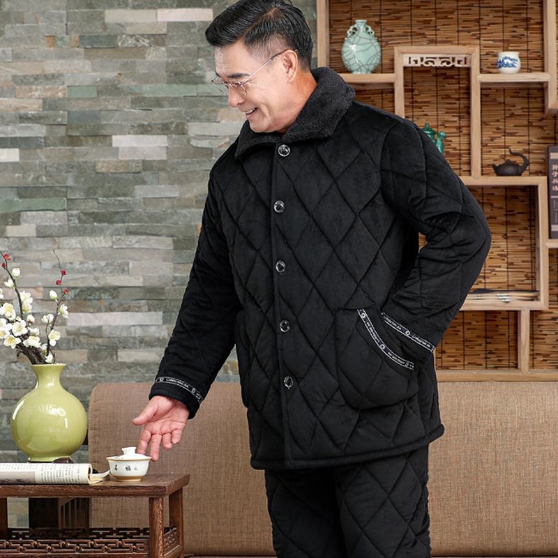 Férfi téli korall plüss pizsama – háromrétegű quiltelt, vastag, galléros, hosszú ujjú