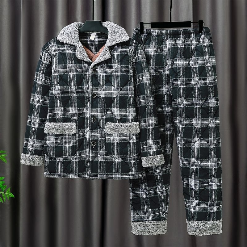 Férfi téli korall plüss pizsama – háromrétegű quiltelt, vastag, galléros, hosszú ujjú