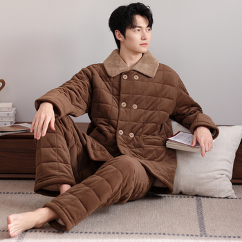 Férfi téli pizsama szett, vastag béleléssel, quilted, 100% poliészter, galléros, hosszú ujjú