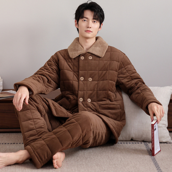 Férfi téli pizsama szett, vastag béleléssel, quilted, 100% poliészter, galléros, hosszú ujjú