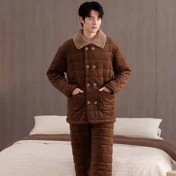 Férfi téli pizsama szett, vastag béleléssel, quilted, 100% poliészter, galléros, hosszú ujjú