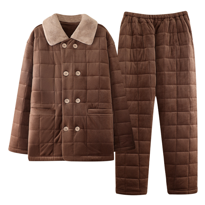 Férfi téli pizsama szett, vastag béleléssel, quilted, 100% poliészter, galléros, hosszú ujjú