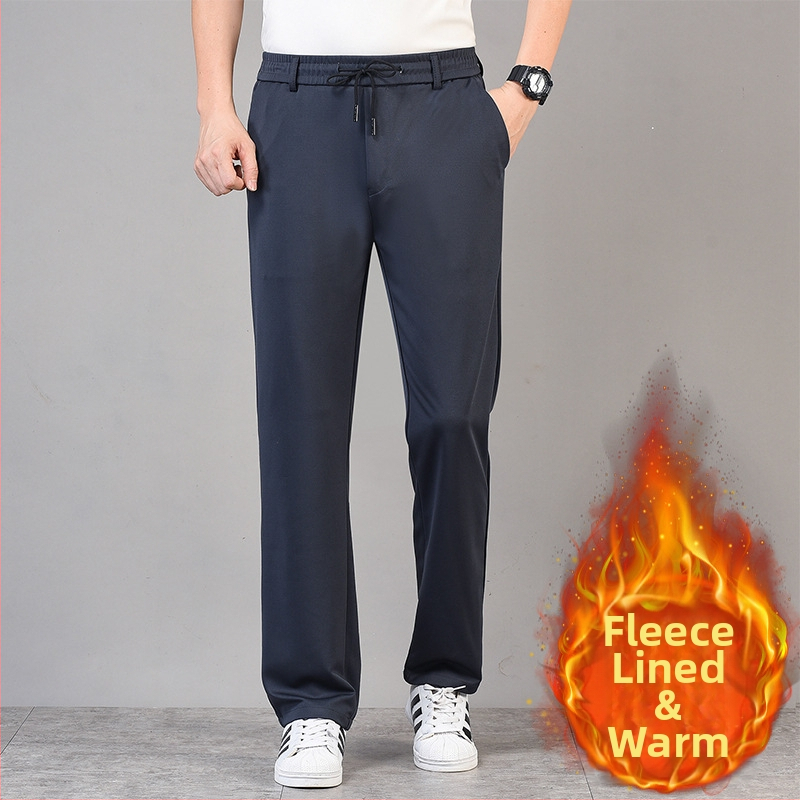 Pantaloni de iarnă pentru bărbați, croială dreaptă, căptuiți cu fleece, din amestec poliester-elastan, închidere cu șnur