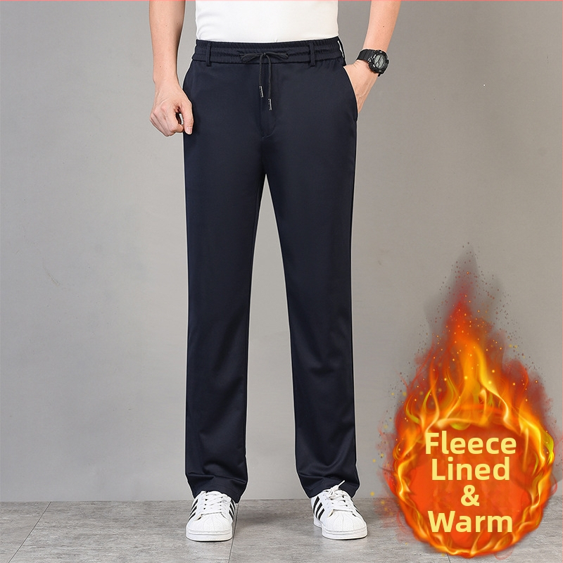 Pantaloni de iarnă pentru bărbați, croială dreaptă, căptuiți cu fleece, din amestec poliester-elastan, închidere cu șnur