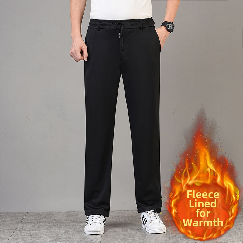 Pantaloni de iarnă pentru bărbați, croială dreaptă, căptuiți cu fleece, din amestec poliester-elastan, închidere cu șnur