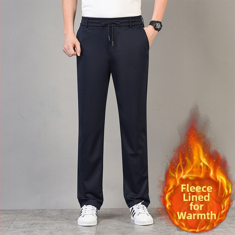 Pantaloni de iarnă pentru bărbați, croială dreaptă, căptuiți cu fleece, din amestec poliester-elastan, închidere cu șnur