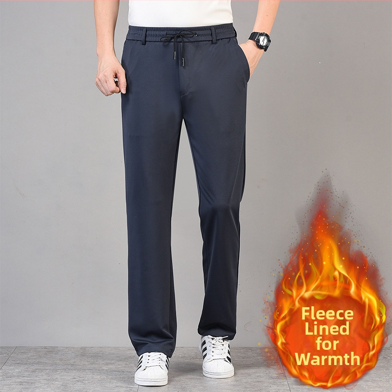 Pantaloni de iarnă pentru bărbați, croială dreaptă, căptuiți cu fleece, din amestec poliester-elastan, închidere cu șnur