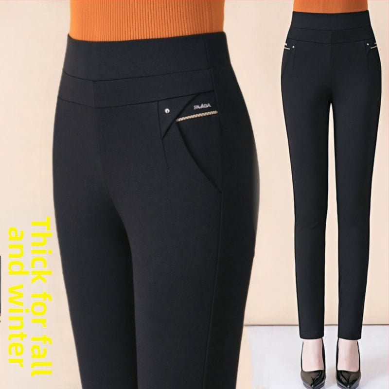 Pantaloni femei cu talie înaltă, croială dreaptă, poliester, elasticitate ușoară, lungi