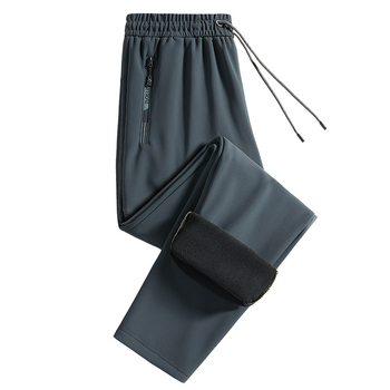 Pantaloni casual autoîncălziți pentru bărbați de vârstă mijlocie, căptuți cu fleece, amestec poliester-elastan, croială dreaptă