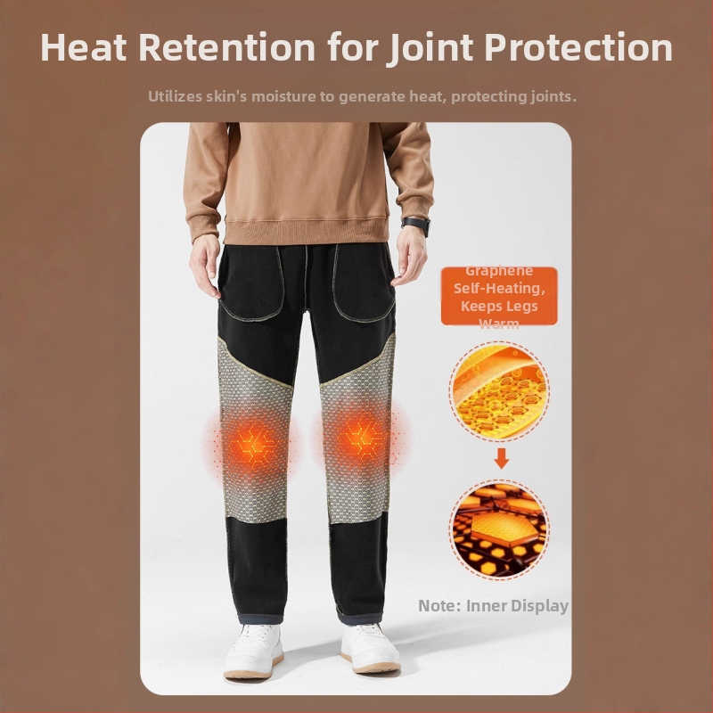 Pantaloni casual autoîncălziți pentru bărbați de vârstă mijlocie, căptuți cu fleece, amestec poliester-elastan, croială dreaptă