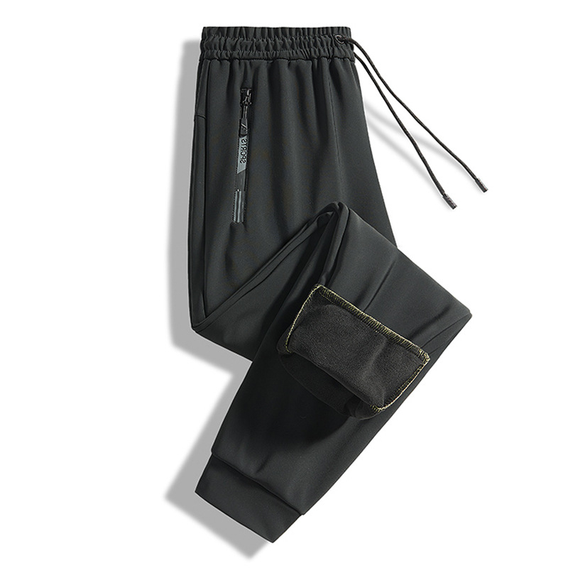 Pantaloni casual autoîncălziți pentru bărbați de vârstă mijlocie, căptuți cu fleece, amestec poliester-elastan, croială dreaptă