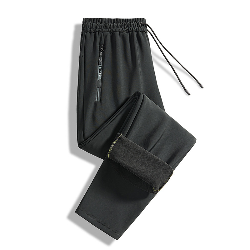 Pantaloni casual autoîncălziți pentru bărbați de vârstă mijlocie, căptuți cu fleece, amestec poliester-elastan, croială dreaptă