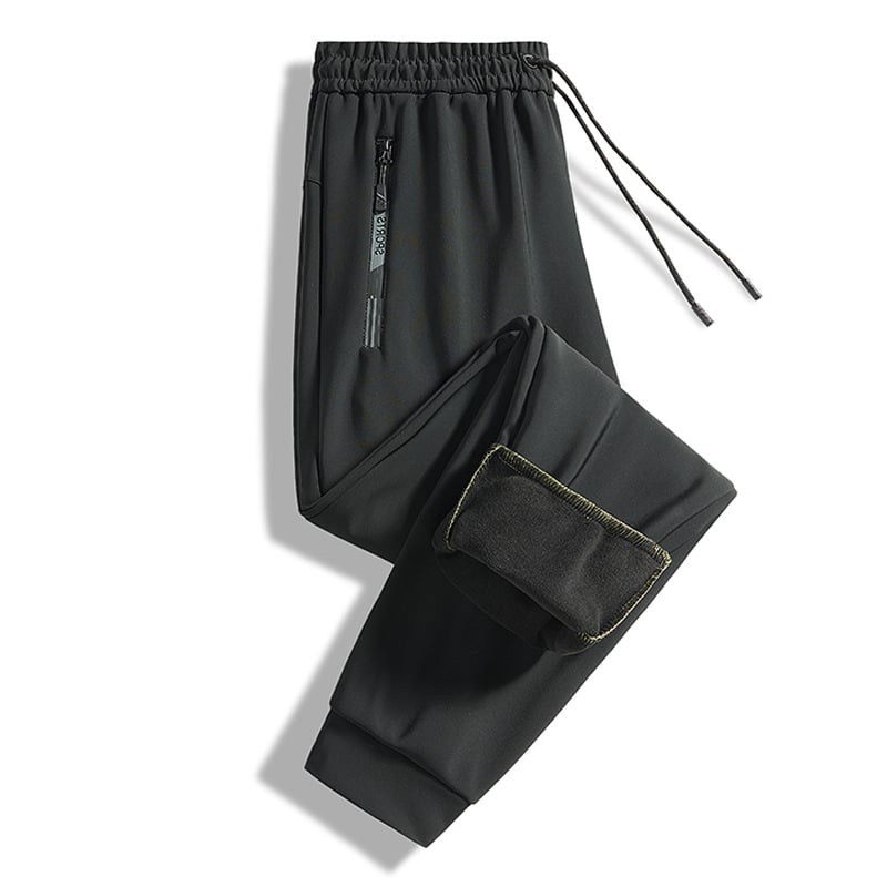 Pantaloni casual autoîncălziți pentru bărbați de vârstă mijlocie, căptuți cu fleece, amestec poliester-elastan, croială dreaptă