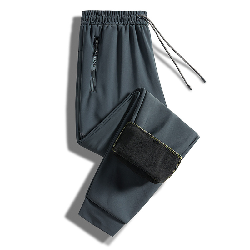 Pantaloni casual autoîncălziți pentru bărbați de vârstă mijlocie, căptuți cu fleece, amestec poliester-elastan, croială dreaptă