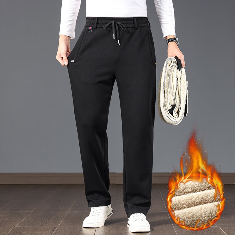 Férfi fleece-béléssel ellátott casual nadrág, magas derék, egyenes szár, plusz méret, övvel