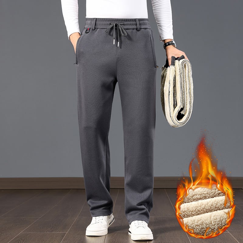 Férfi fleece-béléssel ellátott casual nadrág, magas derék, egyenes szár, plusz méret, övvel