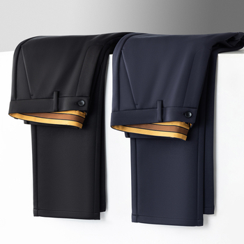 Pantaloni casual-business pentru bărbați, croială dreaptă, căptuțiți cu fleece, pentru toamnă-iarnă, talie înaltă, amestec poliester-spandex cu lână, fermoar