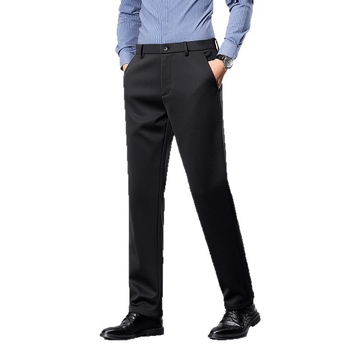 Pantaloni casual-business pentru bărbați, croială dreaptă, căptuțiți cu fleece, pentru toamnă-iarnă, talie înaltă, amestec poliester-spandex cu lână, fermoar