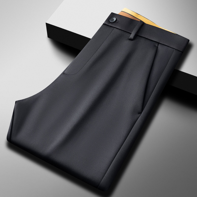 Pantaloni casual-business pentru bărbați, croială dreaptă, căptuțiți cu fleece, pentru toamnă-iarnă, talie înaltă, amestec poliester-spandex cu lână, fermoar