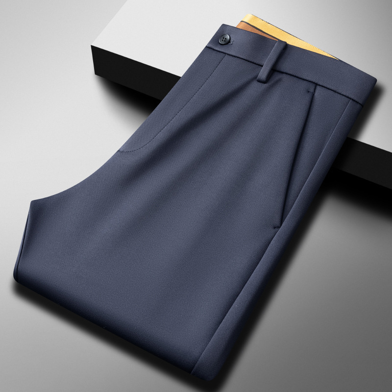 Pantaloni casual-business pentru bărbați, croială dreaptă, căptuțiți cu fleece, pentru toamnă-iarnă, talie înaltă, amestec poliester-spandex cu lână, fermoar