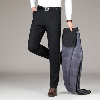 Pantaloni casual pentru bărbați, căptușiți cu fleece, croială dreaptă, talie medie, țesătură din amestec de bumbac, pentru iarnă