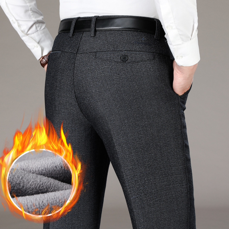 Pantaloni casual pentru bărbați, căptușiți cu fleece, croială dreaptă, talie medie, țesătură din amestec de bumbac, pentru iarnă