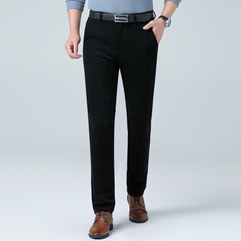 Pantaloni bărbați drepti, talie înaltă, țesătură groasă de iarnă, model în dungă, amestec poliester, stil business casual