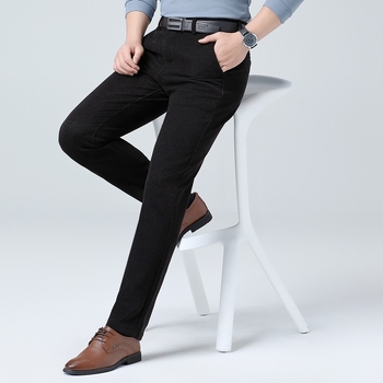 Pantaloni bărbați drepti, talie înaltă, țesătură groasă de iarnă, model în dungă, amestec poliester, stil business casual