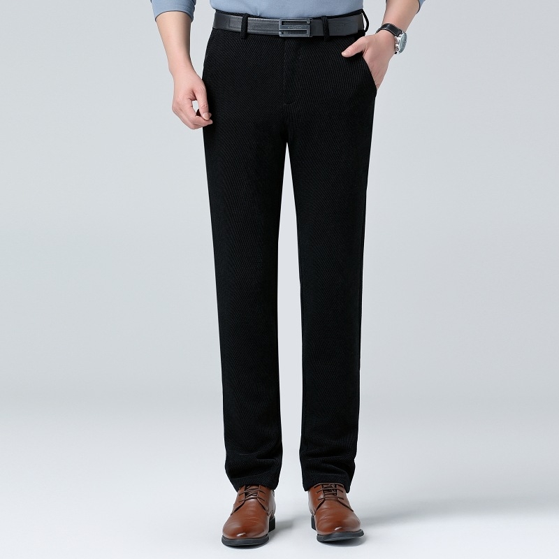 Pantaloni bărbați drepti, talie înaltă, țesătură groasă de iarnă, model în dungă, amestec poliester, stil business casual