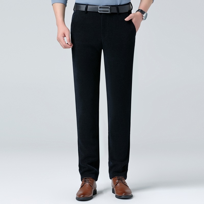 Pantaloni bărbați drepti, talie înaltă, țesătură groasă de iarnă, model în dungă, amestec poliester, stil business casual