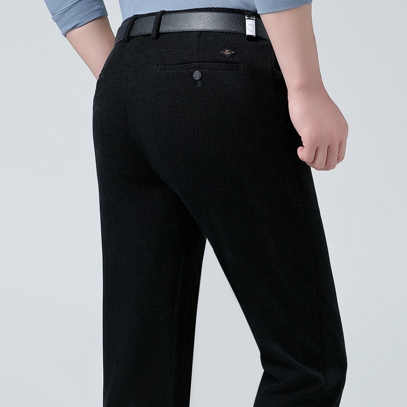 Pantaloni bărbați drepti, talie înaltă, țesătură groasă de iarnă, model în dungă, amestec poliester, stil business casual