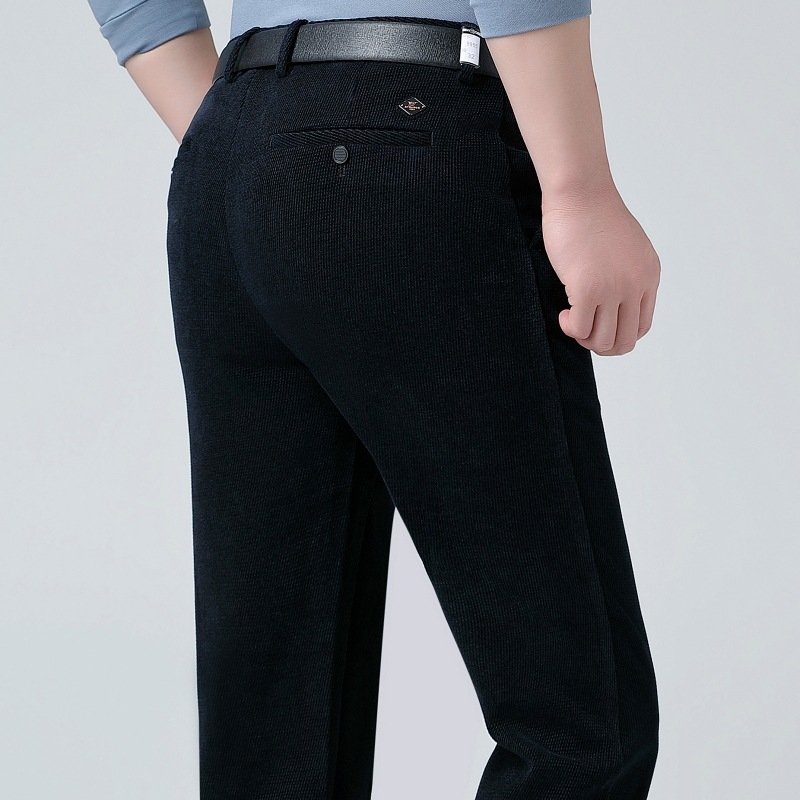 Pantaloni bărbați drepti, talie înaltă, țesătură groasă de iarnă, model în dungă, amestec poliester, stil business casual