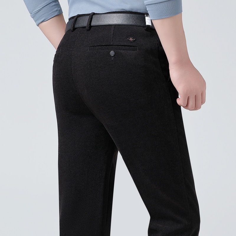 Pantaloni bărbați drepti, talie înaltă, țesătură groasă de iarnă, model în dungă, amestec poliester, stil business casual