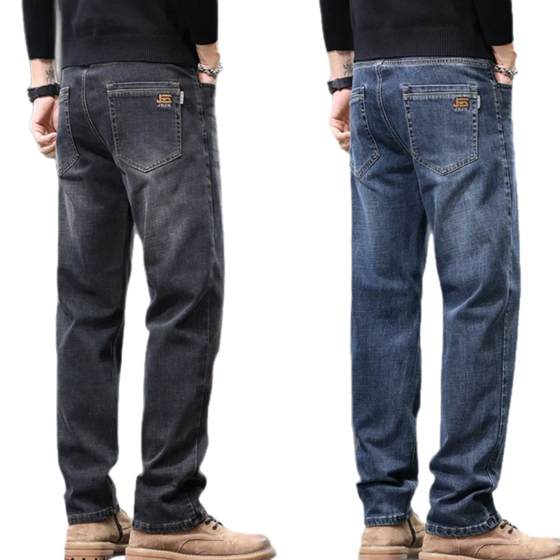 Jeanși bărbați din bumbac cu căptușeală de fleece pentru iarnă, croială lejeră, drept, talie medie, închidere cu nasturi