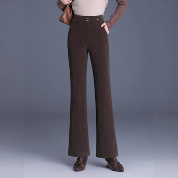 Pantaloni evazați cu talie medie-înaltă, lungime 3/4, țesătură țesută din poliester, microelasticitate, grosime medie, iarnă 2025