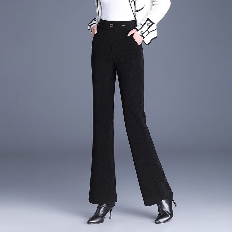 Pantaloni evazați cu talie medie-înaltă, lungime 3/4, țesătură țesută din poliester, microelasticitate, grosime medie, iarnă 2025