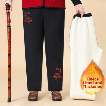 Pantaloni de damă din bumbac, cu broderie florală, talie elastică, căptuți cu fleece și groși, croială lejeră drept, primăvara 2025