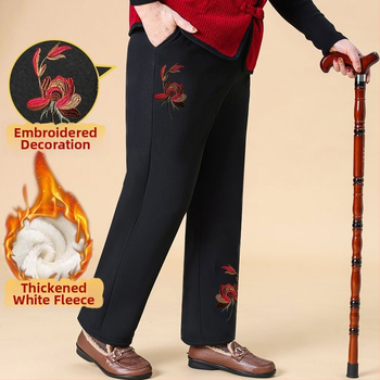 Pantaloni de damă din bumbac, cu broderie florală, talie elastică, căptuți cu fleece și groși, croială lejeră drept, primăvara 2025