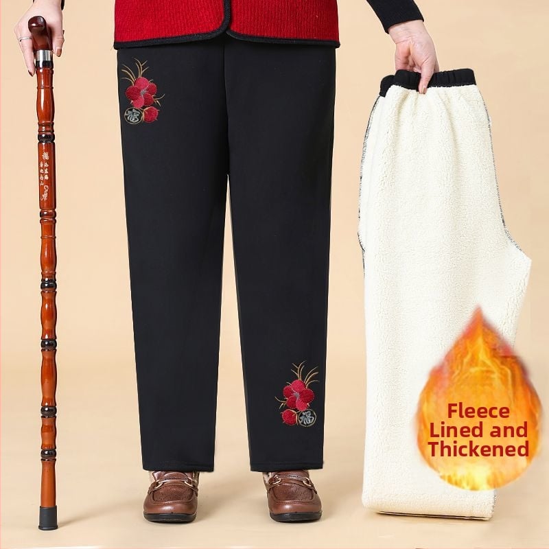 Pantaloni de damă din bumbac, cu broderie florală, talie elastică, căptuți cu fleece și groși, croială lejeră drept, primăvara 2025