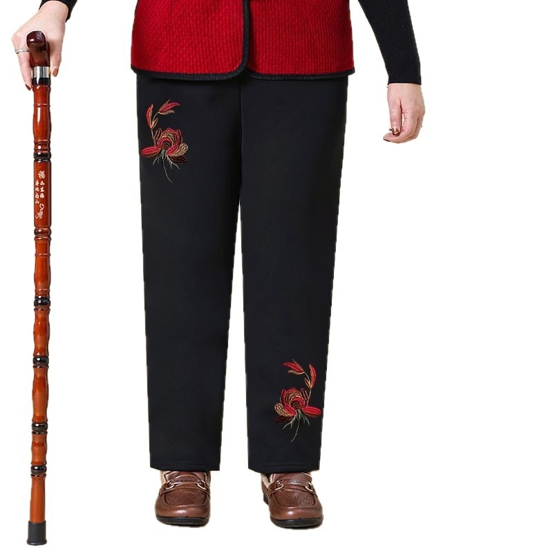 Pantaloni de damă din bumbac, cu broderie florală, talie elastică, căptuți cu fleece și groși, croială lejeră drept, primăvara 2025