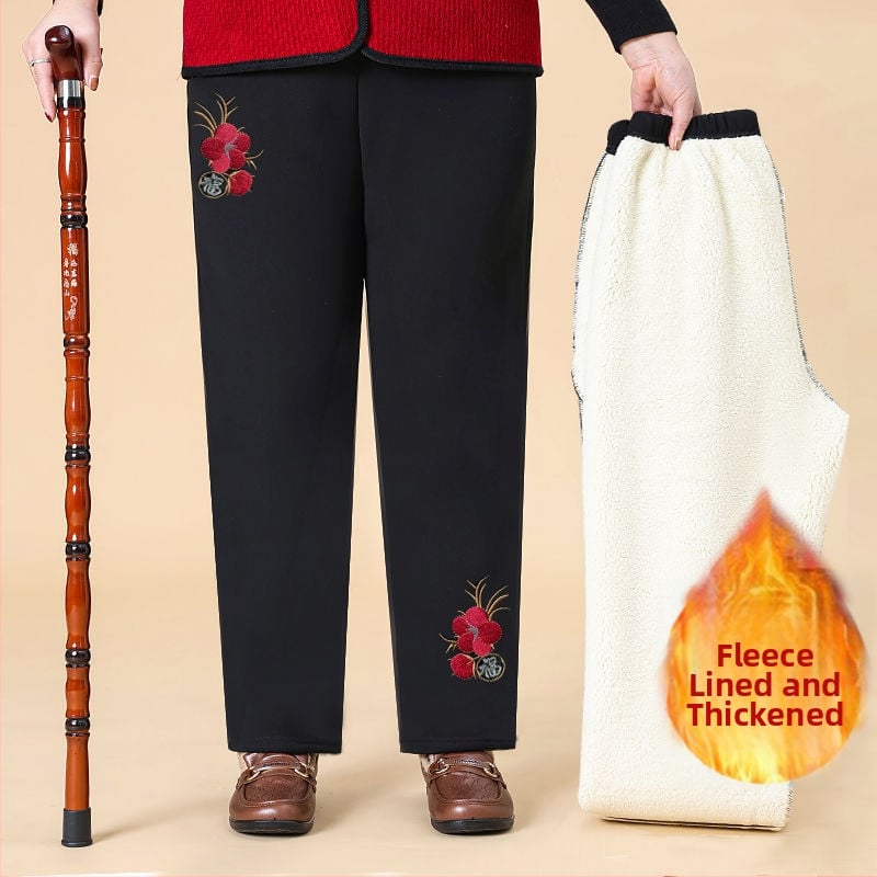 Pantaloni de damă din bumbac, cu broderie florală, talie elastică, căptuți cu fleece și groși, croială lejeră drept, primăvara 2025