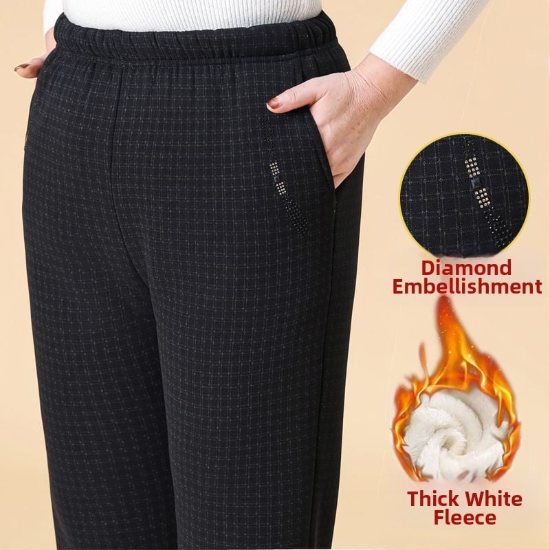 Pantaloni de damă din bumbac, cu broderie florală, talie elastică, căptuți cu fleece și groși, croială lejeră drept, primăvara 2025