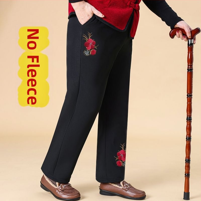 Pantaloni de damă din bumbac, cu broderie florală, talie elastică, căptuți cu fleece și groși, croială lejeră drept, primăvara 2025