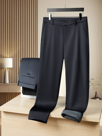 Pantaloni casual de afaceri, căptușiți cu fleece pentru iarnă, talie înaltă, croi drept, închidere cu fermoar, amestec poliester-spandex