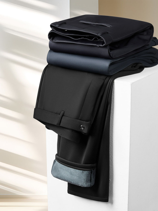 Pantaloni casual de afaceri, căptușiți cu fleece pentru iarnă, talie înaltă, croi drept, închidere cu fermoar, amestec poliester-spandex