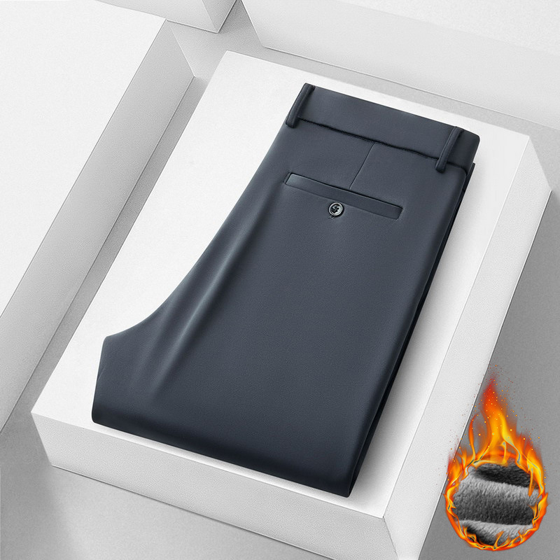 Pantaloni casual de afaceri, căptușiți cu fleece pentru iarnă, talie înaltă, croi drept, închidere cu fermoar, amestec poliester-spandex